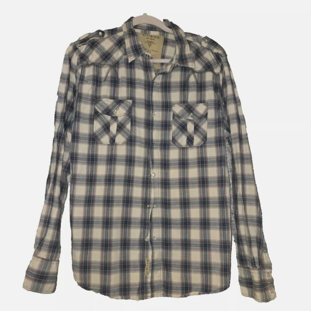 Guess Men’s Shirt Size Large Blue Plaid Button Up Collared Gray